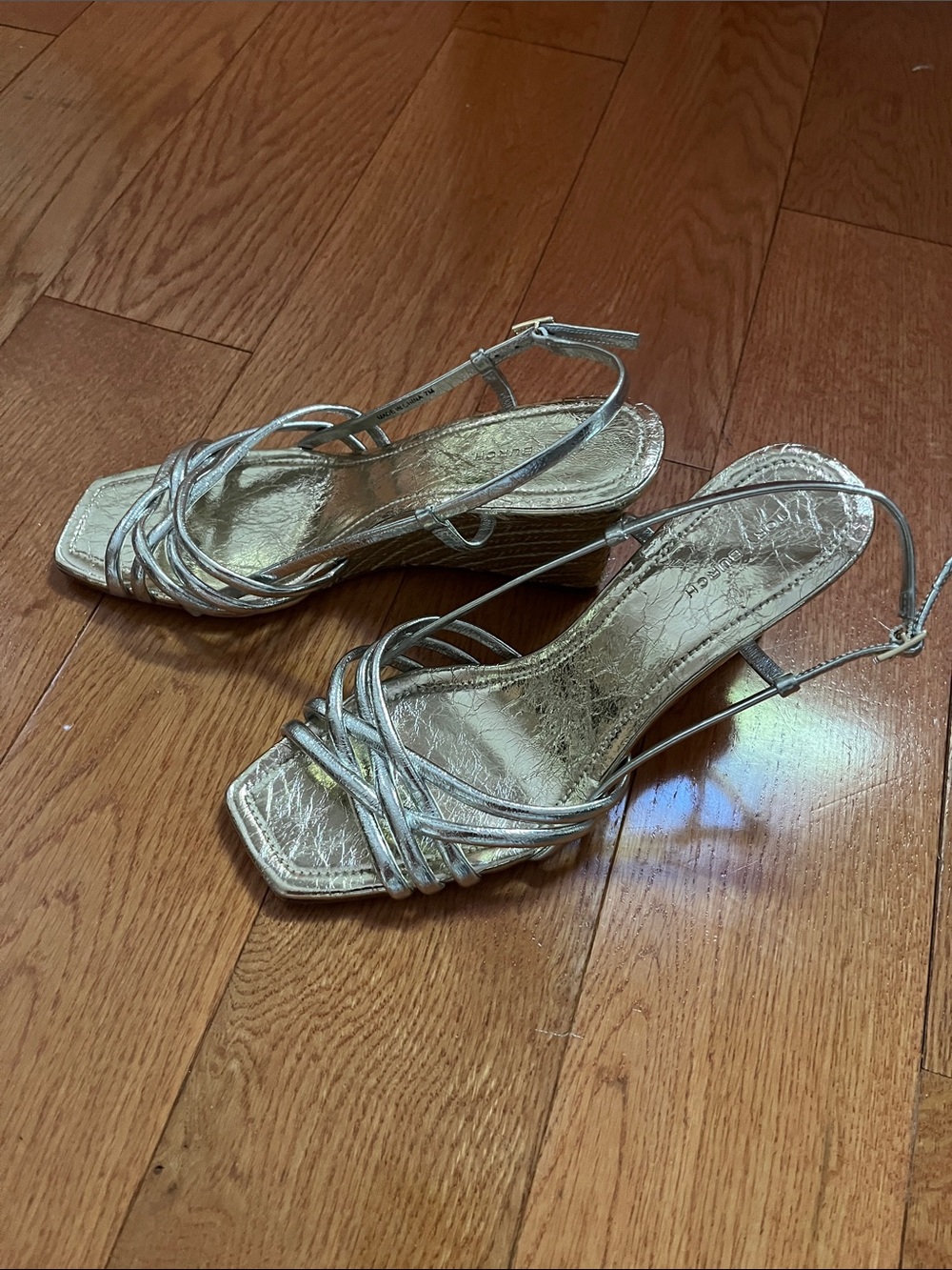 Tory Burch Metallic Gold Silver Strappy Slingback Wedge Sandal